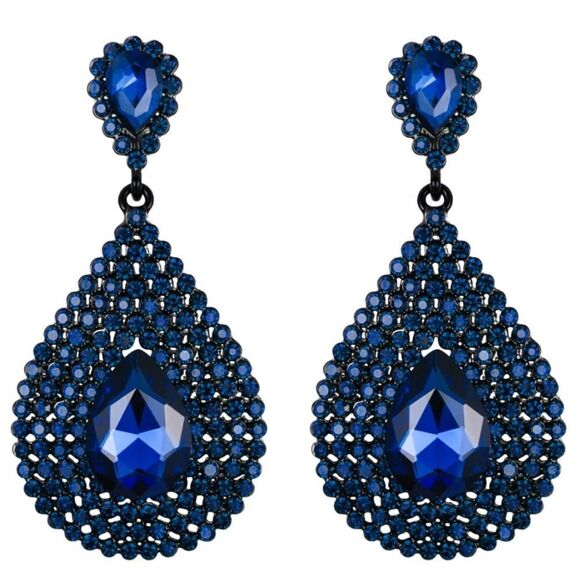 Carbon Black with Blue Sapphire Crystal Hollow Teardrop Chandelier Post Earrings - Picture 1 of 4